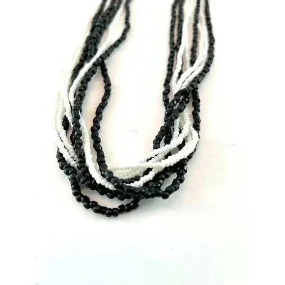 Cluster Layered Black and White Tiny Seed Bead Multi Strand Necklace 17" Long - Picture 6 of 11